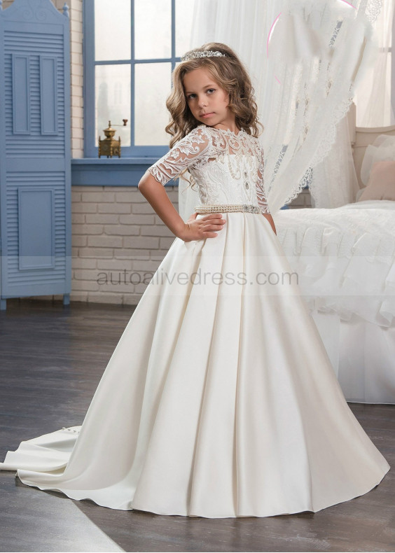 Beaded Ivory Lace Satin Keyhole Corset Back Long Flower Girl Dress